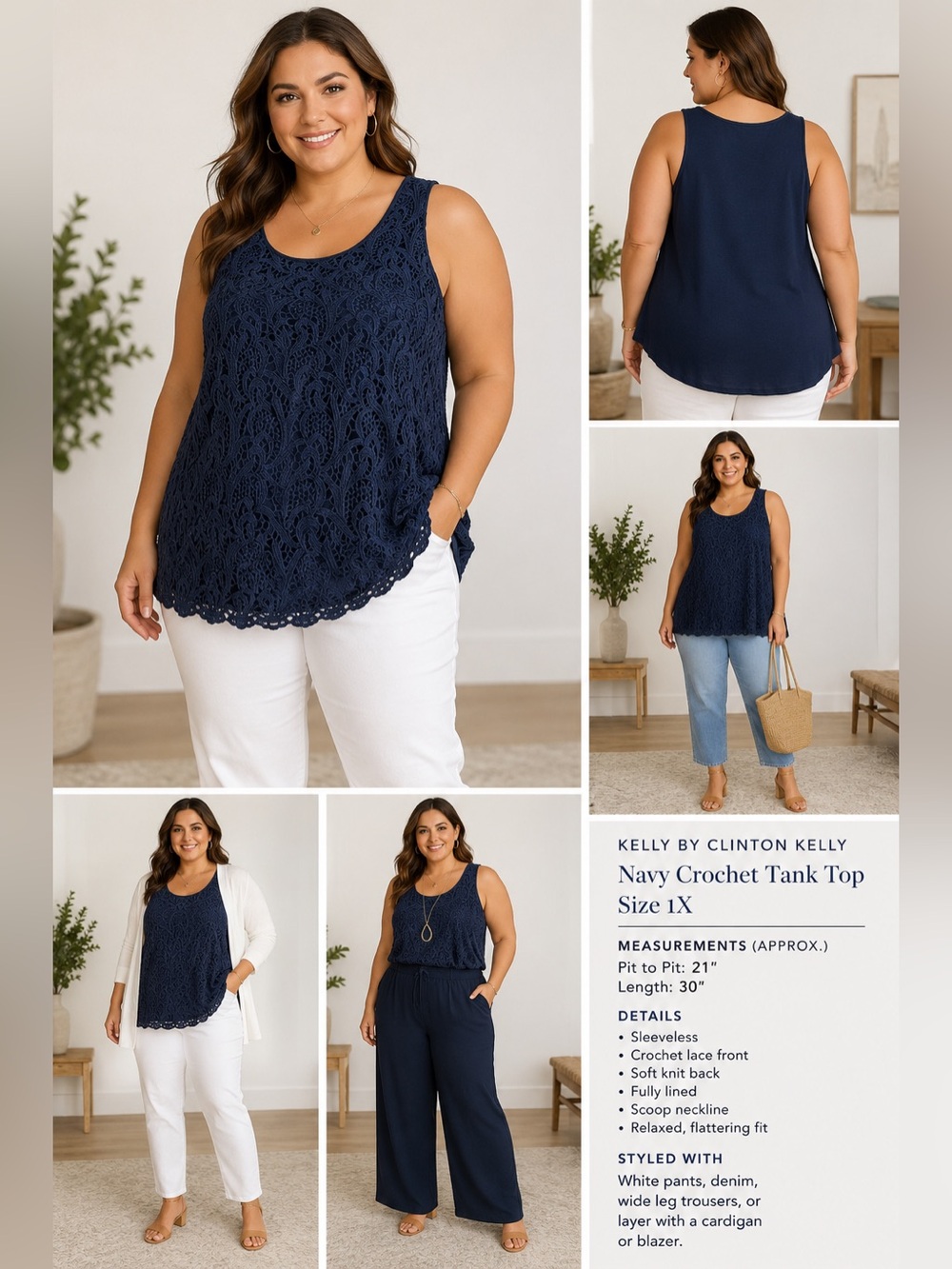 Kelly by Clinton Kelly 1X Navy Lace Overlay Tunic Tank Top Boho Longline